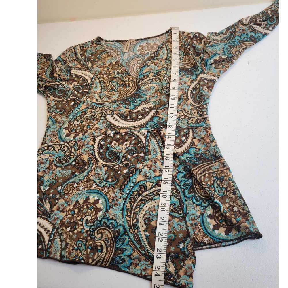 Susan Lawrence Peplum Top Paisley Sequin Faux Wrap Bohemian Career Blue Brown M - Picture 6 of 10